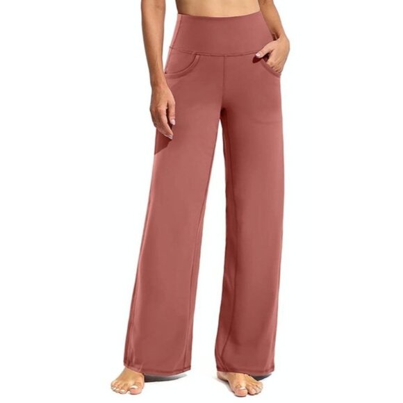 Promover Pants - Promover Womens Pink High Waist Yoga Pant Medium Wide Leg Pockets Casual Stretch